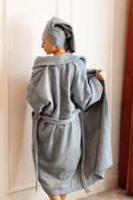 birlik1952 home1961 bukle banyo bornoz bathrobe robe bath turkish cotton hand towel set gift box hediye kutulu bornoz seti pamuklu el havlusu indigo blue