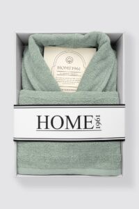 birlik1952 home1961 bukle banyo bornoz bathrobe robe bath turkish cotton hand towel set gift box hediye kutulu bornoz seti pamuklu el havlusu adaçayı yeşil sage green