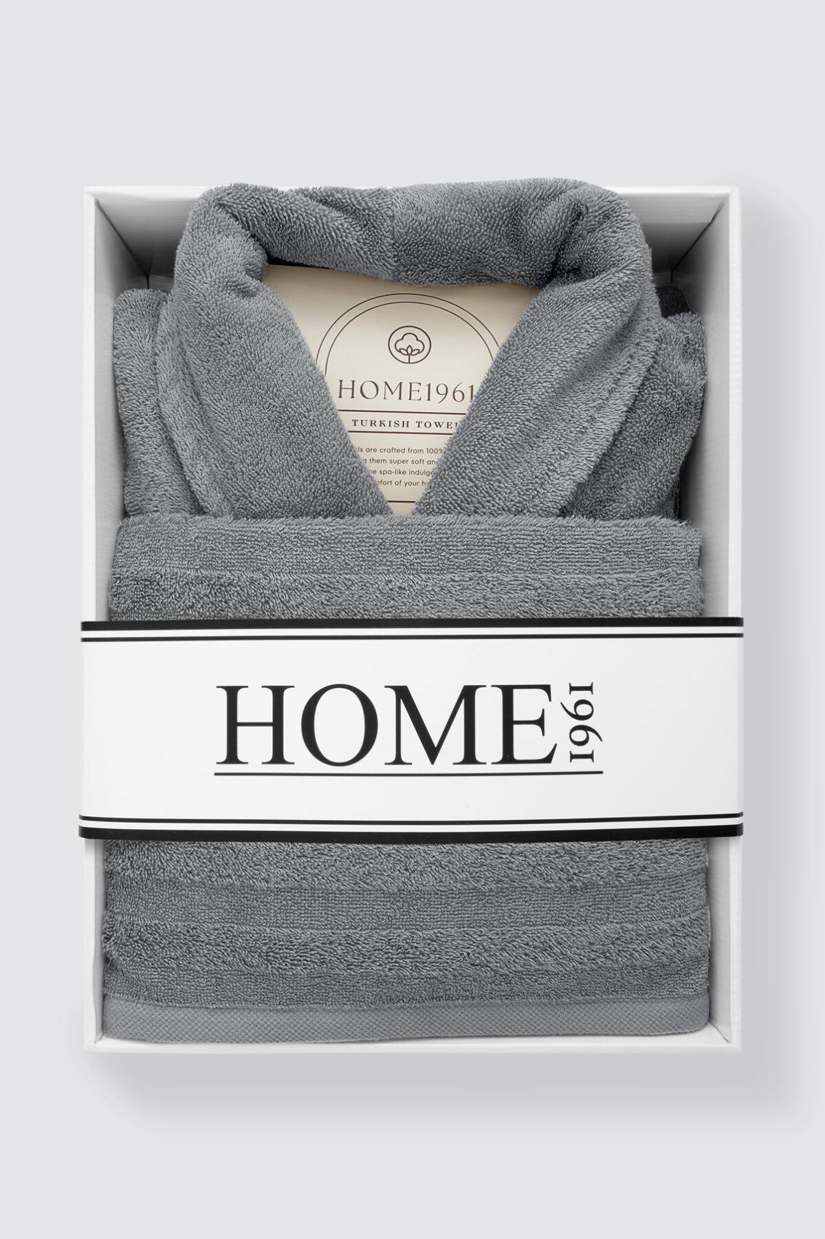 birlik1952 home1961 bukle banyo bornoz bathrobe robe bath turkish cotton hand towel set gift box hediye kutulu bornoz seti pamuklu el havlusu grey gri antrasit