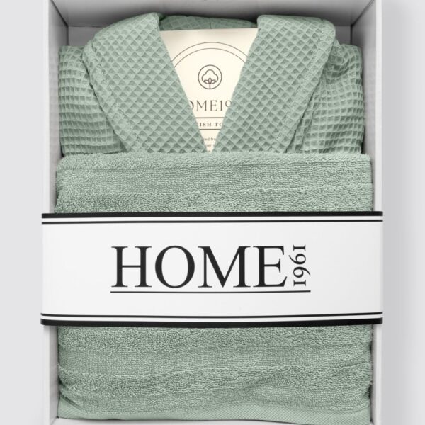 birlik1952 home1961 elmas petek pike banyo bornoz bathrobe robe bath turkish cotton hand towel set gift box hediye kutulu bornoz seti pamuklu el havlusu adaçayı sage green