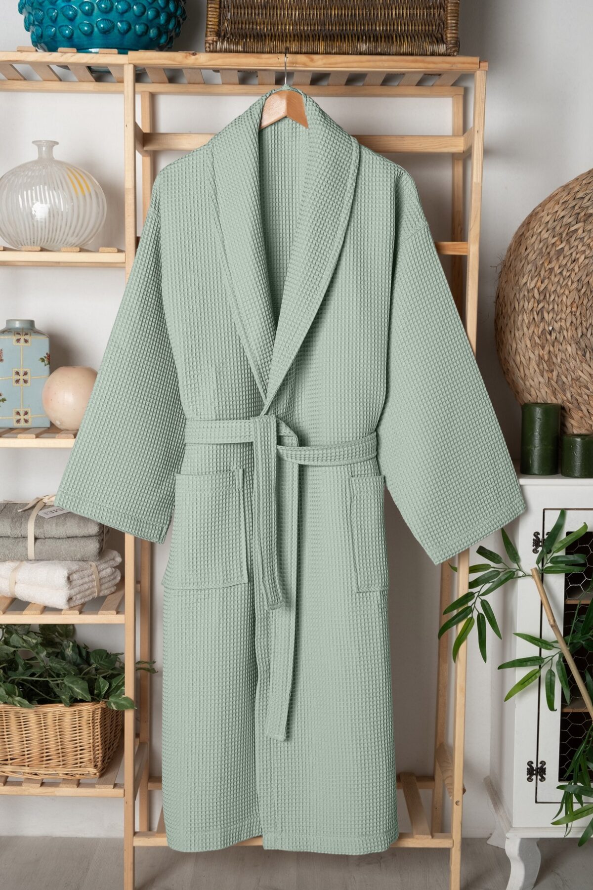 birlik1952 home1961 elmas petek pike banyo bornoz bathrobe robe bath turkish cotton hand towel set gift box hediye kutulu bornoz seti pamuklu el havlusu adaçayı sage green