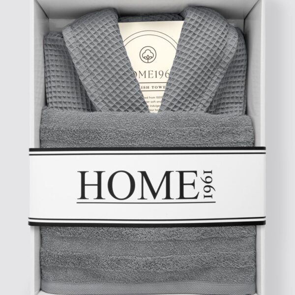 birlik1952 home1961 elmas petek pike banyo bornoz bathrobe robe bath turkish cotton hand towel set gift box hediye kutulu bornoz seti pamuklu el havlusu antrasit gri grey