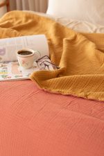 birlik1952 8 kat layer gauze müslin crinkle double side çift taraflı cotton bedspread swaddle quilt bedroom terracota hardal mustard kiremit