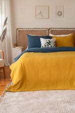 birlik1952 2 kat gauze muslin double side çift yönlü taraflı nevresim quilt cover bed linen set müslin mustard sarı yellow indigo mavi blue