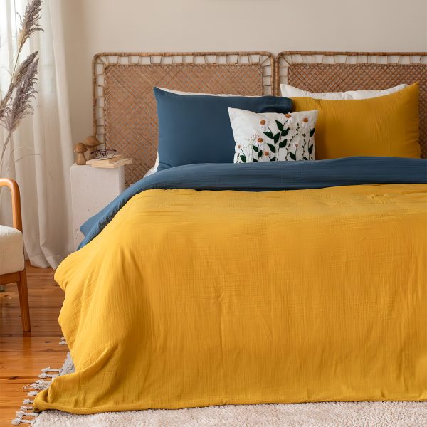 birlik1952 2 kat gauze muslin double side çift yönlü taraflı nevresim quilt cover bed linen set müslin mustard sarı yellow indigo mavi blue