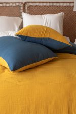 birlik1952 2 kat gauze muslin double side çift yönlü taraflı nevresim quilt cover bed linen set müslin mustard sarı yellow indigo mavi blue