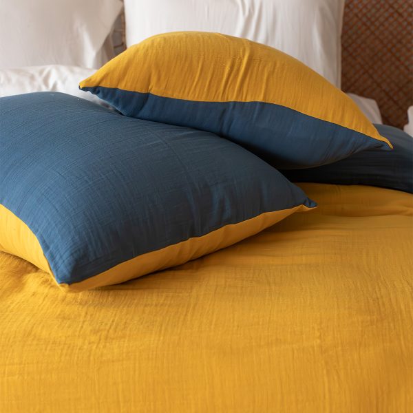 birlik1952 2 kat gauze muslin double side çift yönlü taraflı nevresim quilt cover bed linen set müslin mustard sarı yellow indigo mavi blue