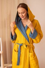 birlik1952 vivamaison double side müslin 2 4 kat layer gauze bathrobe robe bornoz indigo mustard