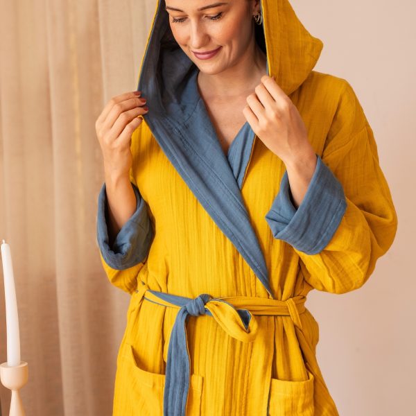 birlik1952 vivamaison double side müslin 2 4 kat layer gauze bathrobe robe bornoz indigo mustard