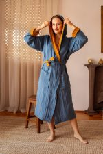 birlik1952 vivamaison double side müslin 2 4 kat layer gauze bathrobe robe bornoz indigo karamel caramel