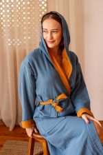 birlik1952 vivamaison double side müslin 2 4 kat layer gauze bathrobe robe bornoz indigo karamel caramel