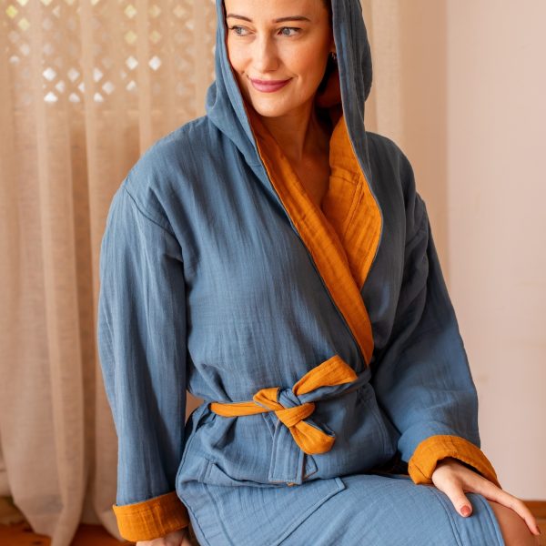 birlik1952 vivamaison double side müslin 2 4 kat layer gauze bathrobe robe bornoz indigo karamel caramel