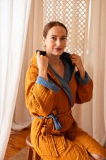 birlik1952 vivamaison double side müslin 2 4 kat layer gauze bathrobe robe bornoz indigo karamel caramel