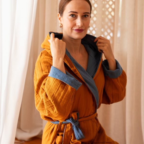 birlik1952 vivamaison double side müslin 2 4 kat layer gauze bathrobe robe bornoz indigo karamel caramel