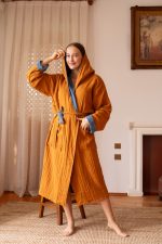 birlik1952 vivamaison double side müslin 2 4 kat layer gauze bathrobe robe bornoz indigo karamel caramel