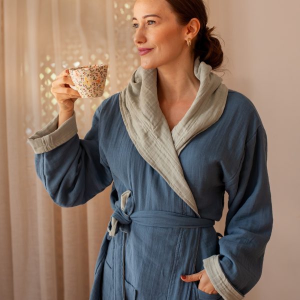 birlik1952 vivamaison double side müslin 2 4 kat layer gauze bathrobe robe bornoz indigo sage green yeşil