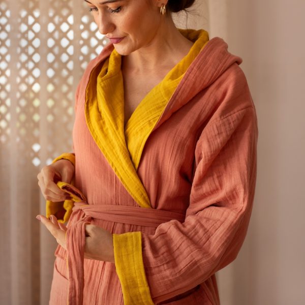 birlik1952 vivamaison double side müslin 2 4 kat layer gauze bathrobe robe bornoz terracota mustard hardal